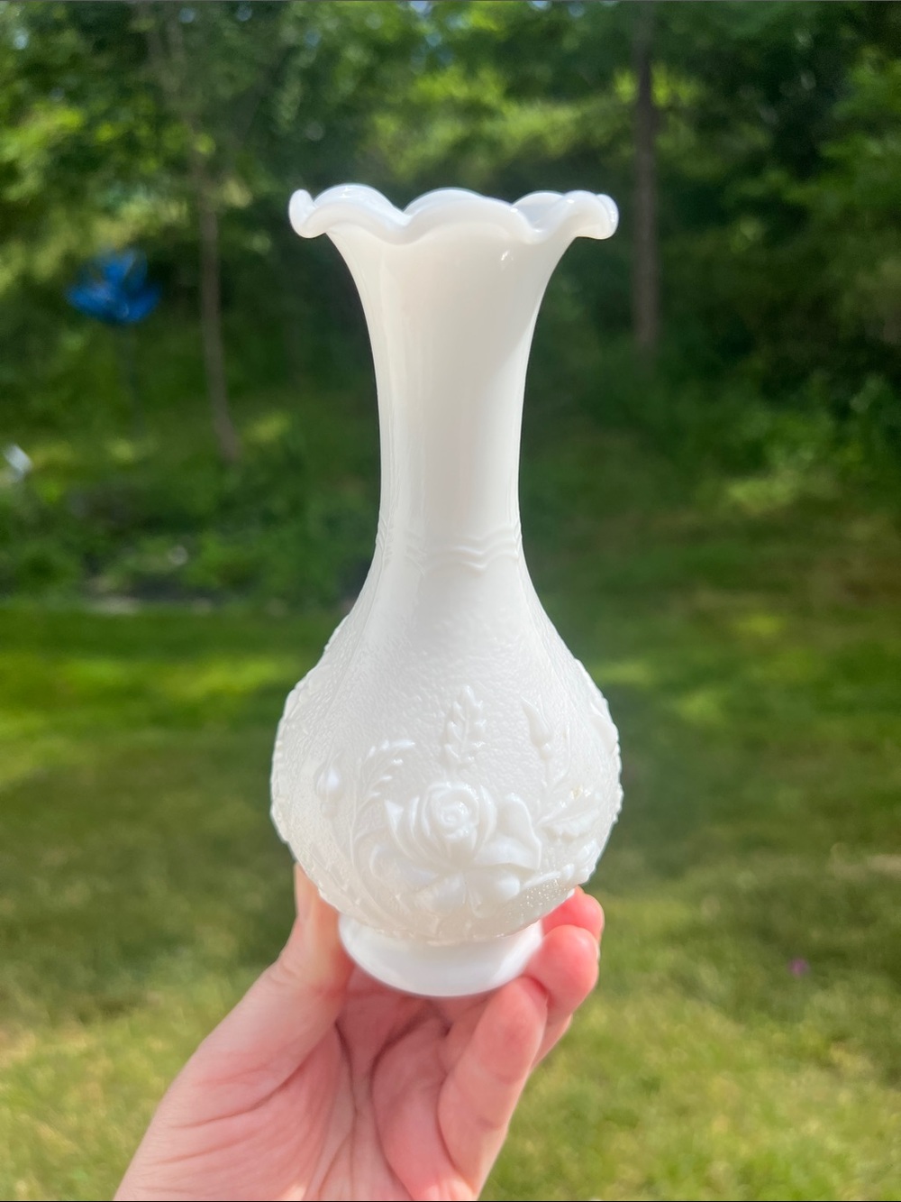 Vintage Imperial Glass White Milk Glass Flower Bud Vase with Rose Pattern